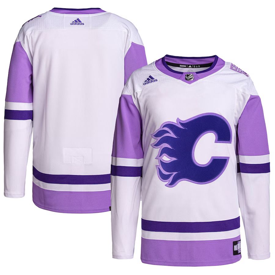 Men Calgary Flames adidas White Purple Hockey Fights Cancer Primegreen Authentic Blank Practice NHL Jersey->customized nhl jersey->Custom Jersey